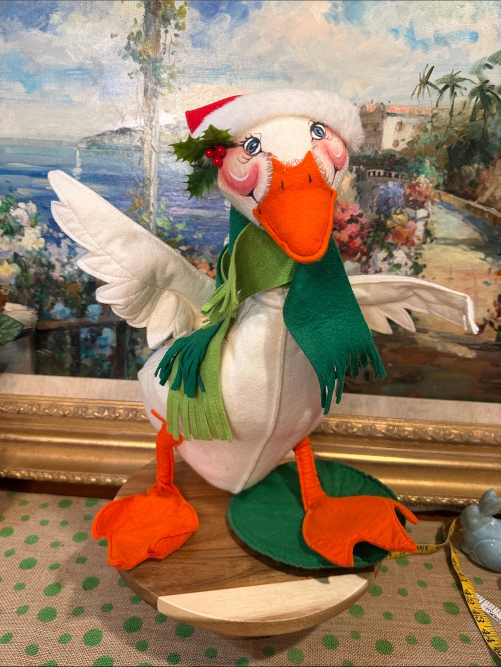 Annalee White Goose with Orange Beak and Feet and Green Scarf